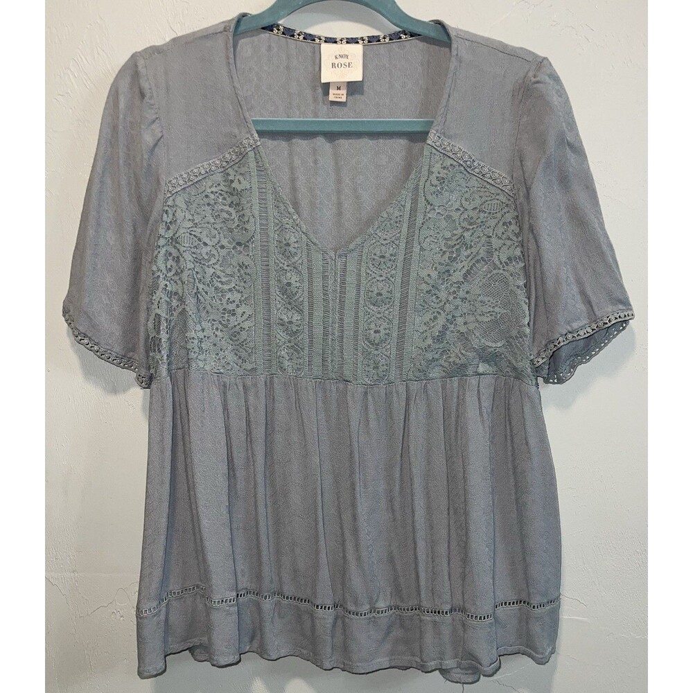 Knox Rose Shirt Babydoll Lace Overlay Bust V-neck Ruffle Hem Women’s M
